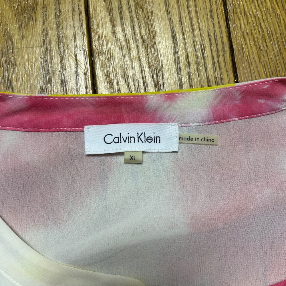 Calvin Klein Pink Yellow Tie Dye Bubble Hem Roll Tab Blouse XL - Picture 3 of 4